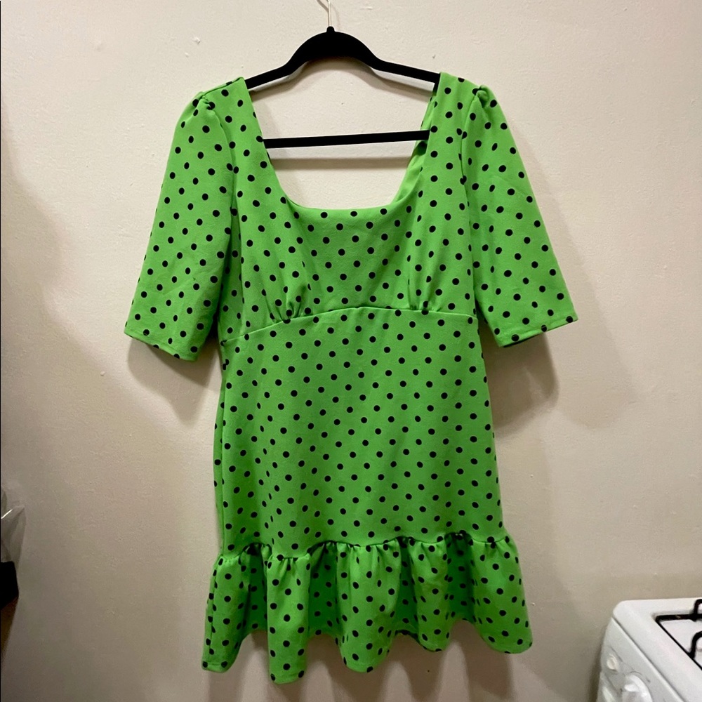 Asos Green Mini Dress with Black Polka Dots and Flutter Skirt, Size 10
